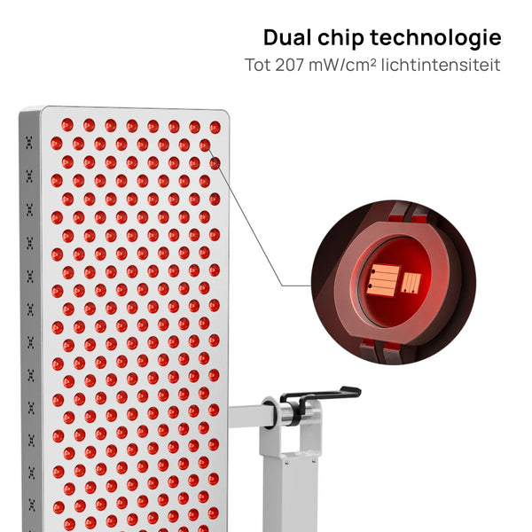 Roodlichttherapiepaneel op statief met uitvergrote dual chip led en 207 mW/cm²