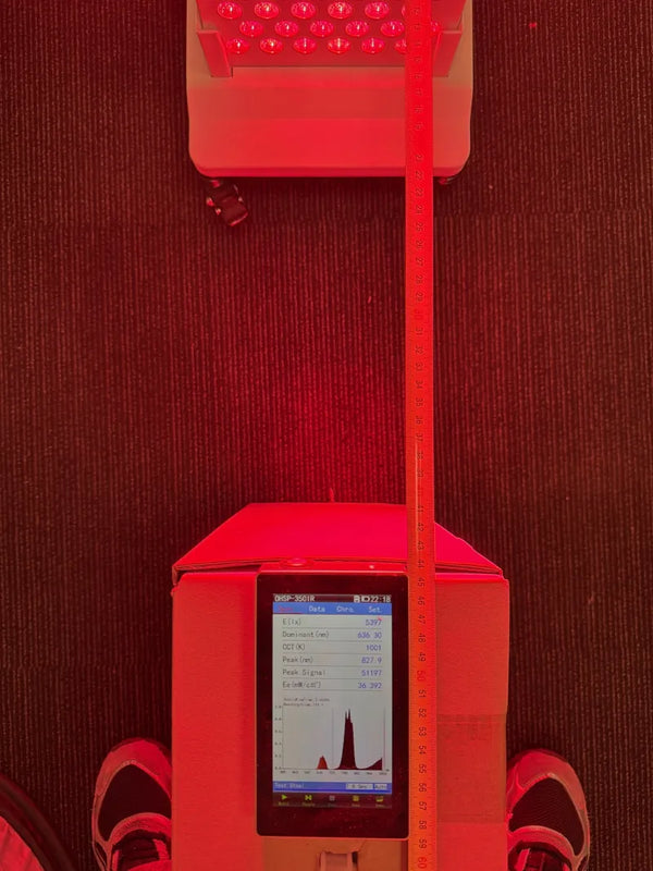 Handspektrometer unter dem PrimeFORCE Advanced Gen5 bei 45 cm, Display zeigt 36,4 mW/cm²
