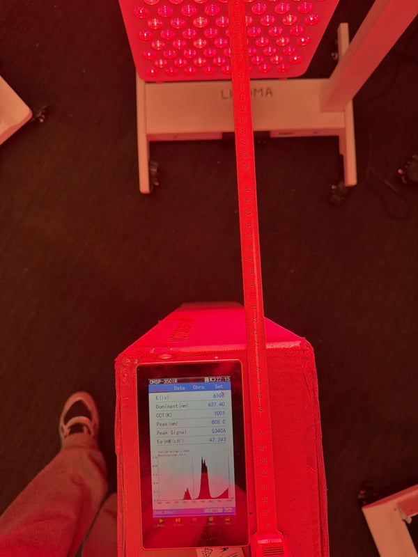 Handspektrometer unter dem PrimeFORCE Elite Gen5 bei 45 cm, Display zeigt 42,2 mW/cm²