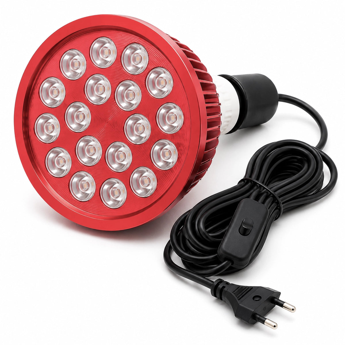 Liroma PrimeSpot Rotlichtlampe mit achtzehn LEDs, rotem Gehäuse und Fassung mit Kabel und Schalter