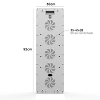 Achterkant van de Liroma Elite Gen5 met vijf ventilatoren en de afmetingen 92 bij 30 cm