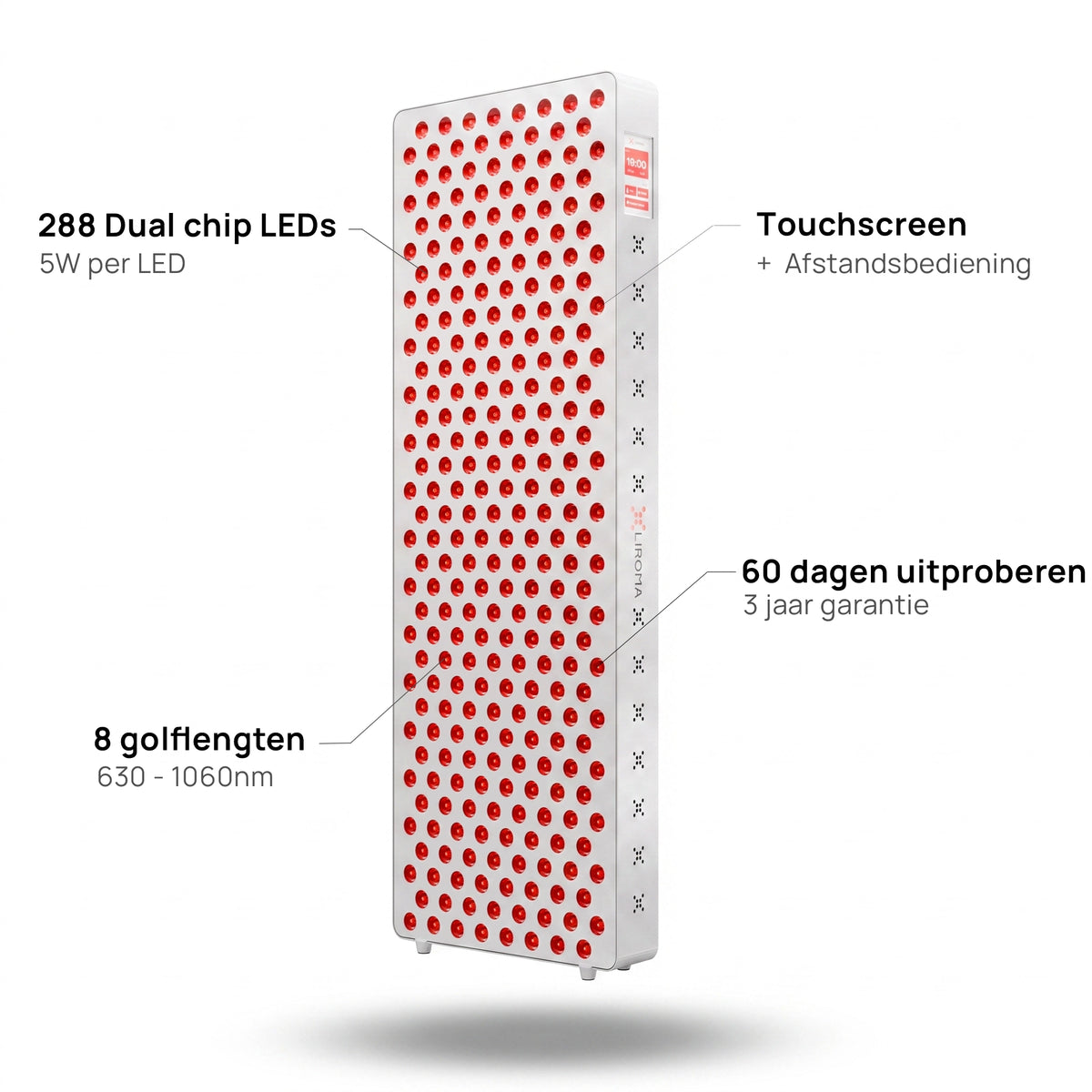 Kenmerken van de Liroma Elite Gen5 roodlichtlamp: 288 dual chip leds van 5W, 8 golflengten van 630 tot 1060 nm en een touchscreen met afstandsbediening