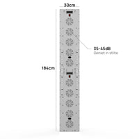 Achterkant van de Liroma Multi Gen5 met tien ventilatoren en de afmetingen 184 bij 30 cm