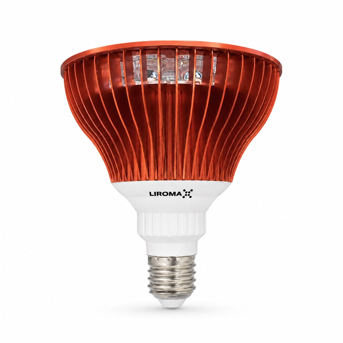 Seitenansicht der Liroma PrimeSpot Rotlichtlampe mit Kühlrippen und E27-Schraubfassung