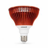 Seitenansicht der Liroma PrimeSpot Rotlichtlampe mit Kühlrippen und E27-Schraubfassung