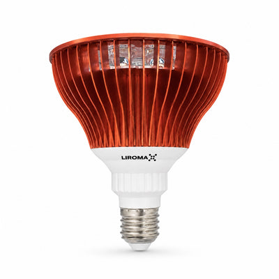 Seitenansicht der Liroma PrimeSpot Rotlichtlampe mit Kühlrippen und E27-Schraubfassung